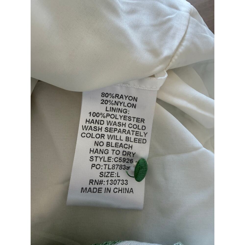 Botanical Leaf Print Tiered Midi Dress V-Neck Lined Green Cream Boho L - Picture 5 of 6